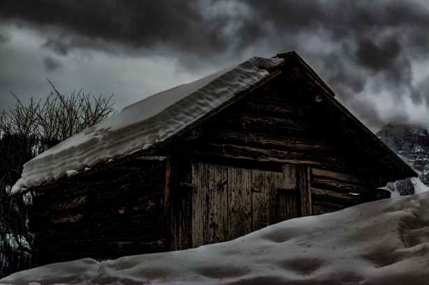 cabin covered by snow
