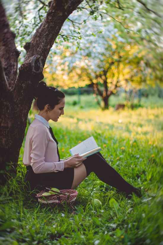 women reading a book under the tree